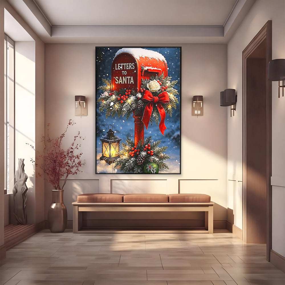 Tablou canvas cu tablou canvas cu cutie postala rosie pentru mos craciun, in rama de aluminiu negru